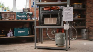 Properly stored portable gas garage heater during warmer months.