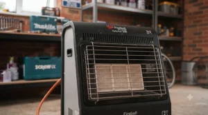 Durable metal build and safety grill of a portable gas garage heater.