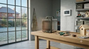 A tradesperson working comfortably in a well-heated UK garage during winter.