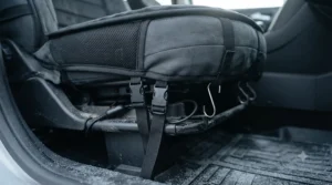 A secure strapping system and non-slip backing showing how a universal heated seat cover fits securely onto a standard car bucket seat.