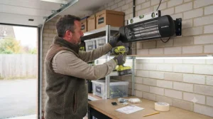 Step-by-step diagram showing how to safely mount an electric infrared garage heater to a plasterboard or masonry wall.