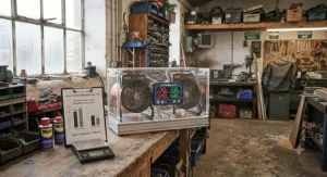A wall-mounted infrared workshop heater directing radiant warmth towards a workbench.