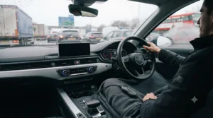 Driver wrapped in a 12V heated travel blanket waiting safely in a car during a freezing winter commute.