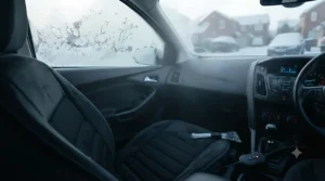 Frost visible on a car windscreen during a cold winter morning in the UK, viewed from the driver's seat featuring a warm electric cushion.