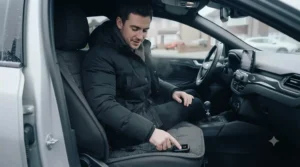 Driver enjoying a comfortable, warm commute during a cold UK winter morning.