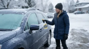 A commuter holding a windscreen de-icer for winter outside their frozen vehicle before work