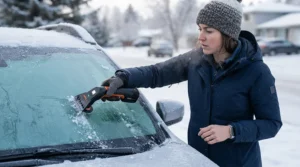 Testing an electric gadget alongside a windscreen de-icer for winter during sub-zero temperatures