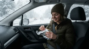 Using an emergency car blanket for winter inside a vehicle stuck in deep snow on a rural country lane.