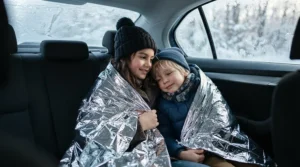 A family sharing an emergency car blanket for winter on the backseat during freezing weather.