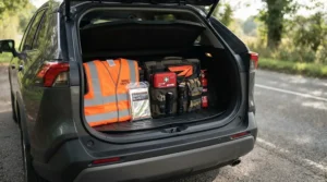 Opening the car boot to reveal an emergency car blanket for winter packed inside a roadside safety kit.