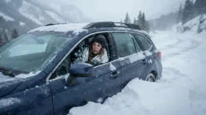 A motorist wrapped in an emergency car blanket for winter amidst an unexpected blizzard on a mountain pass.