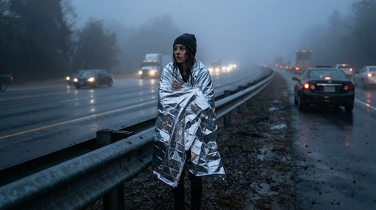 A stranded driver wrapped in an emergency car blanket for winter while waiting behind a barrier on a motorway hard shoulder.