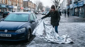 Unfolding an emergency car blanket for winter next to a parked car on a frosty city street.
