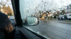 Fast-acting windscreen de-icer for winter melting thick ice instantly on a commuter car