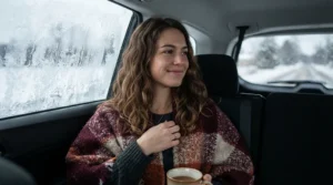 Passenger wrapped in a heated travel blanket for car adventures on a frosty day