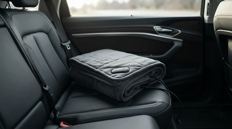 A cosy heated travel blanket for car journeys neatly draped over the back seat