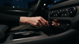 Driver checking the controls of a heated travel blanket for car interior use