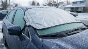 A secure heated windscreen cover installed on a parked car during a cold winter morning