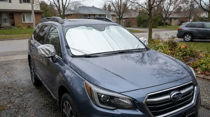 A heated windscreen cover set featuring matching wing mirror covers on a family estate car