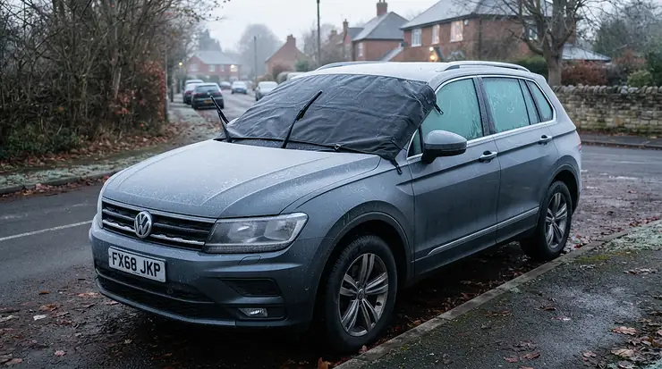Heated windscreen covers fitted to a car parked on a frosty driveway during a cold winter morning