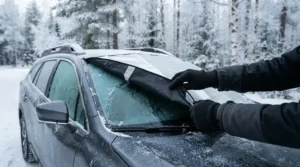 Demonstration of a magnetic heated windscreen cover being placed onto a car exterior