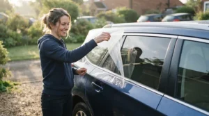 Driver removing a heated windscreen cover to reveal a clear, ice-free car glass