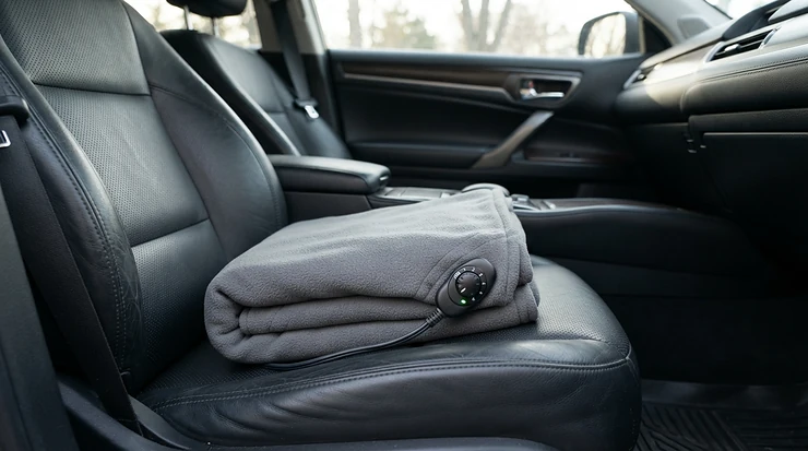 Neatly folded top heated car blankets ready for use in a family vehicle