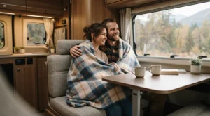Staying cozy on a holiday trip using top heated car blankets in a touring caravan