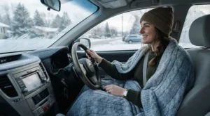 A driver using top heated car blankets during a frosty morning commute in the UK