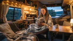 Relaxing in a motorhome with one of the top heated car blankets on a chilly evening