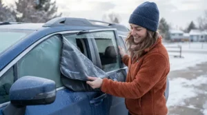 A motorist peeling back a windscreen cover for overnight parking to reveal a clear, ice-free windshield ready for the day.