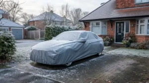 A frost-covered windscreen cover for overnight parking fitted securely on a car parked on a suburban driveway during a cold winter morning.