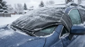 Close-up of a windscreen cover for overnight-parking preventing ice buildup on a car parked outside a terraced house overnight.