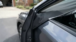 Detailed view of the side door flaps securing a windscreen cover for overnight parking against winter wind and gales.