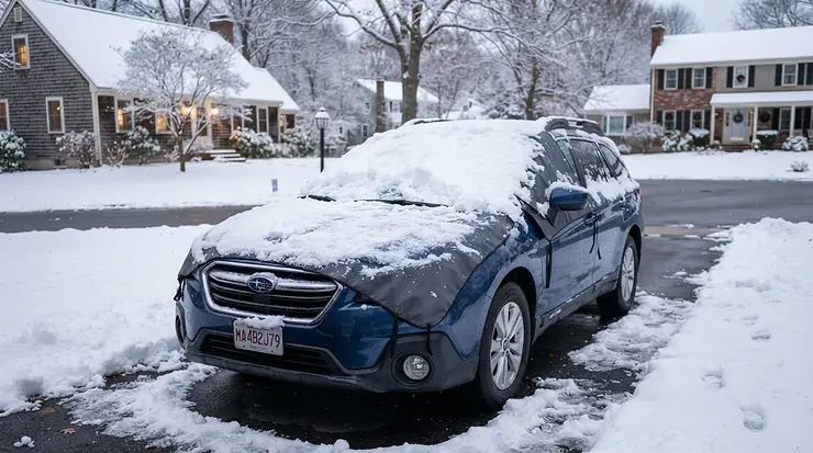 Heavy snow resting on top of a durable windscreen cover for overnight parking on a family vehicle during a winter freeze.