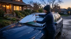 Driver securing a windscreen cover for overnight parking before heading out for the morning commute in freezing British winter weather.