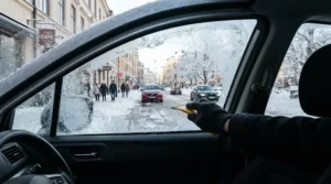 The clear glass result after applying a windscreen de-icer for winter on a freezing day