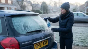 Applying a windscreen de-icer for winter onto a heavily frosted car window on a chilly morning