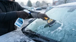 Choosing a windscreen de-icer for winter over a traditional plastic ice scraper on a cold driveway